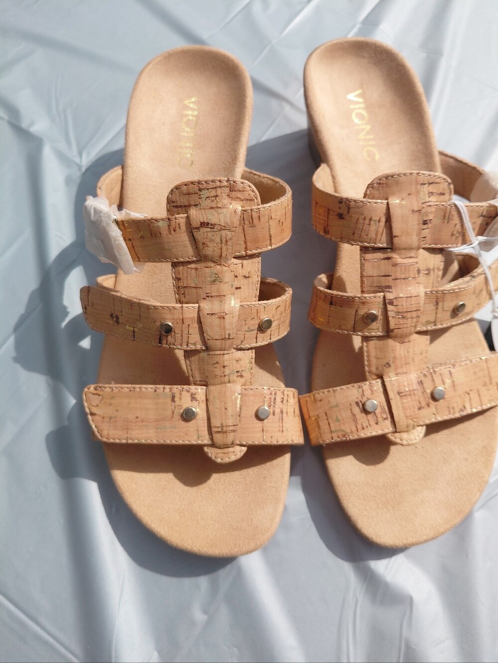 NWT Sz 9 Vionic Orthaheel Park Radia Adjustable Straps Wedge Slides Gold Cork - Picture 4 of 13